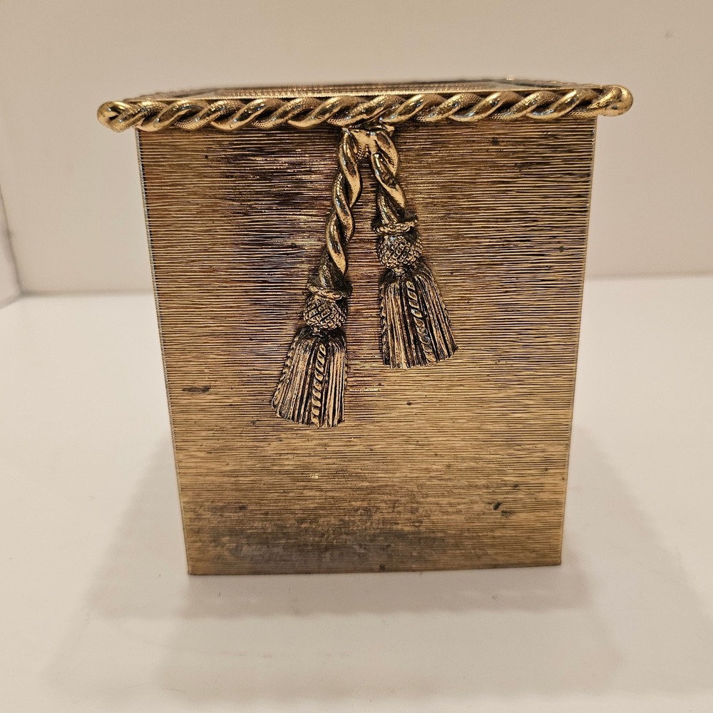 Vintage Stylebuilt Gold Metal Tissue Box Cover Tassel Rope Hollywood Regency MCM